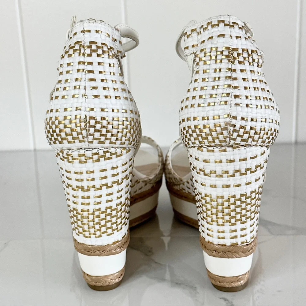 Guess Gace Platform Wedge Sandal 10 Metallic Gold and White Woven T-Straps